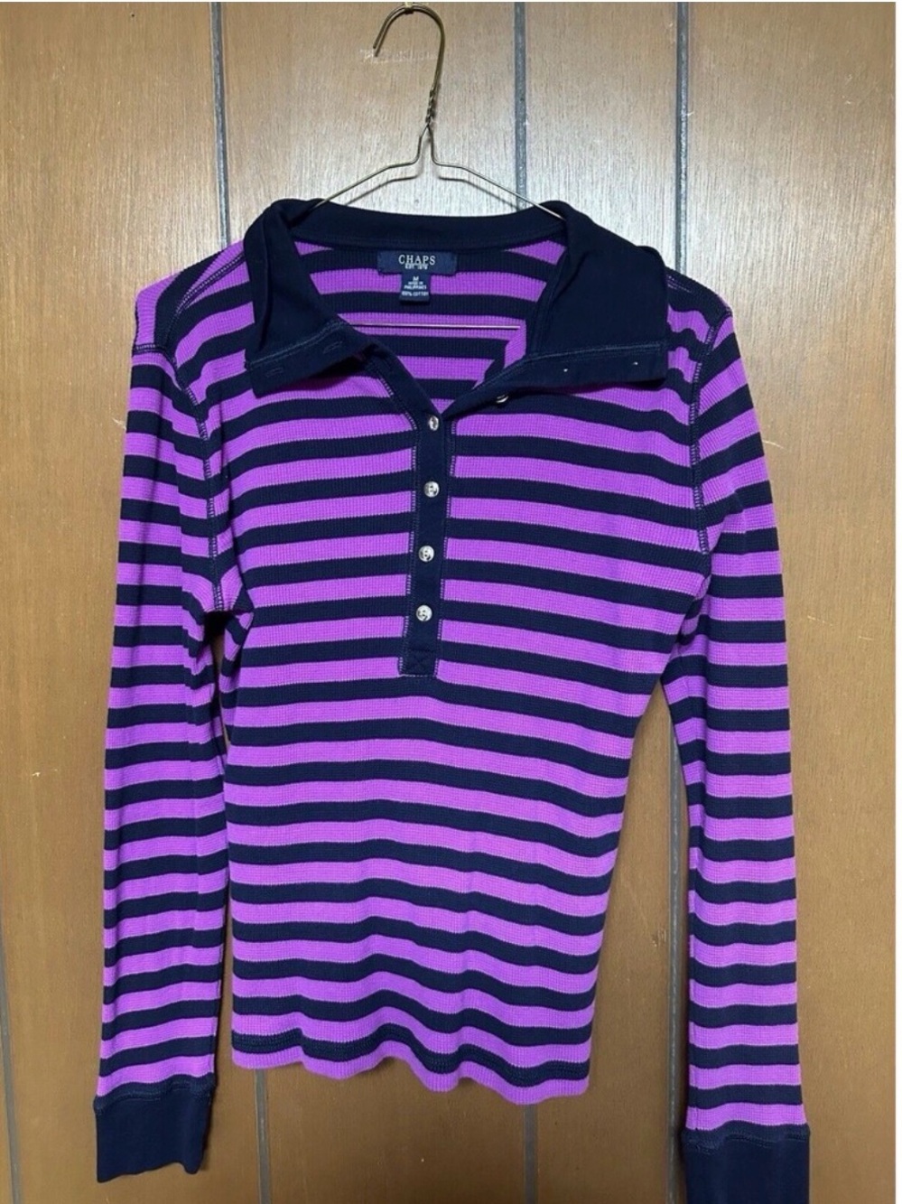 Chaps Black and Purple Striped Long-Sleeve Polo
